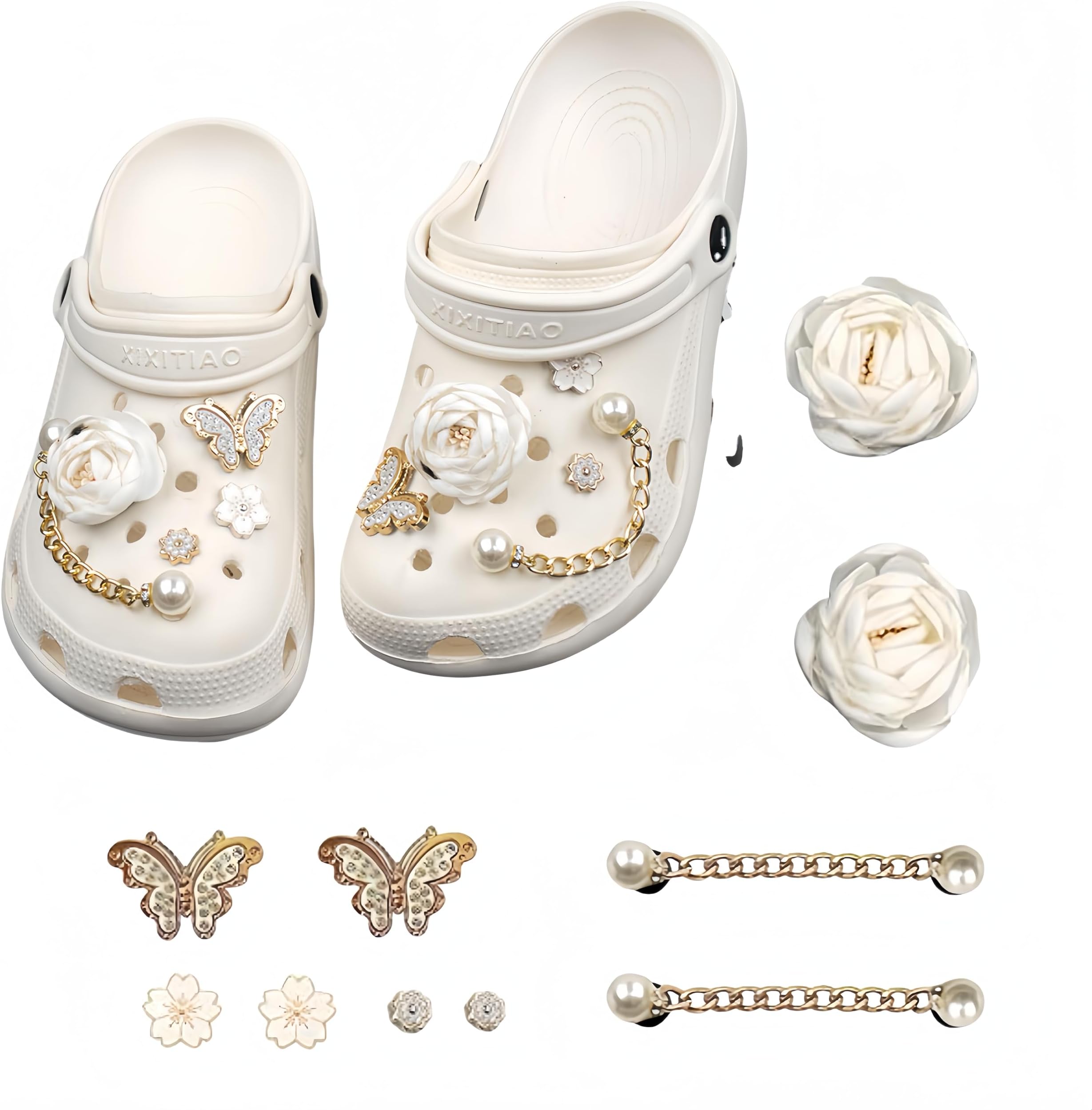 Polyester Camellia Flower Shoe Charms Bling Jewelry Shoe Accessories Decoration Charms For Women's Clogs Sandals Fashion Pins & Chains Gift For Wristband Bracelet Birthday Party Favors, White