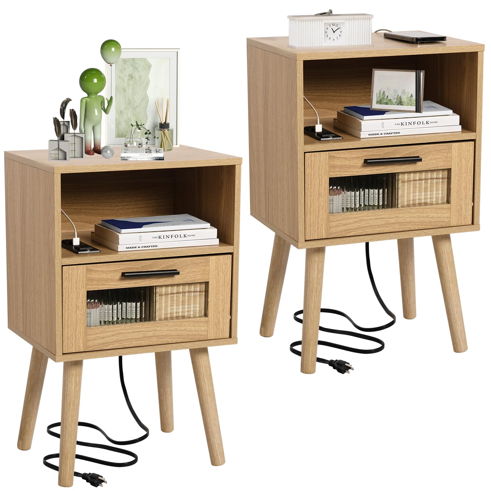 23inch nightstand with charging station2 ac outlets and 2 usb ports mid century modern nightstand bedside tables for and bedroom natural wood side table with storage drawerwood-2pcs