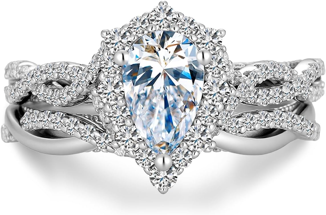 Pear-Shaped Halo Wedding Ring Set Sterling Silver Infinity Twist Bridal Sets,18K White Gold Platinum Plated 1-3/5 Carats Moissanite Teardrop Engagement Ring Set for Women Gift for Anniversary Birthday