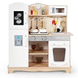 Kids Kitchen Playset, Wooden Pretend Play Kitchen for Toddlers, Microwave, Faucet, Stove w/Lights, Blackboard, Storage Cabinet, Little Chef Toy Kitchen Set, Gift for Boys Girls 3+, Natural