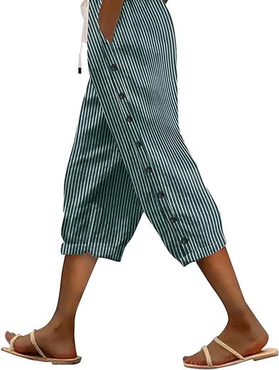 Striped Linen Pants Women Linen Capri Pants Lightweight Spring Summer Pants for Women 2025 Ladies Pinstripe Pants