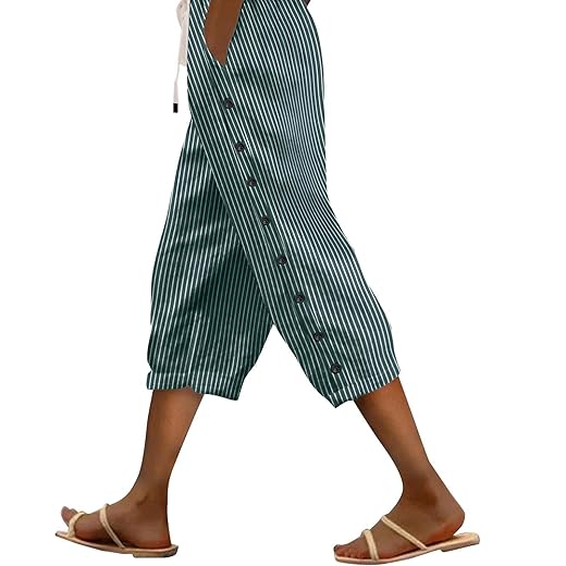 Striped Linen Pants Women Linen Capri Pants Lightweight Spring Summer Pants for Women 2025 Ladies Pinstripe Pants