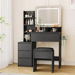 Makeup Vanity with Lights, 36-Inch Vanity Desk, 4 Large Drawers, 3 Lighting Modes, Stool & Charging Station, Modern Vanity Table for Bedroom, Women, Black
