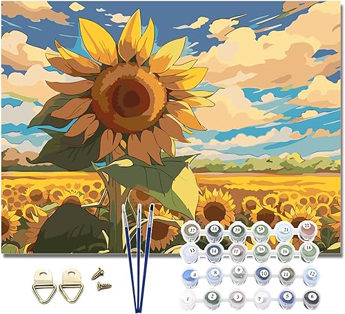 Pretty Jolly Pintura de campo de girasol por números para adultos principiantes kit de pintura al óleo por números para niños en lienzo con pinceles