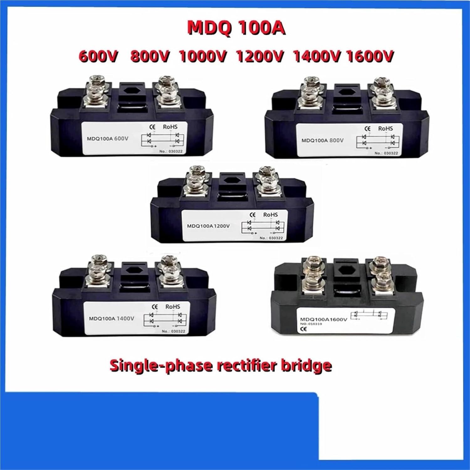 1pc 100A Single-Phase Rectifier Bridge AC-DC Module 100Amp 12V to1800V MDQ100A-16 12V 24V 36V 48V 600V 1000V 1200V 1600V MDQ100A(MDQ100A 1200V)