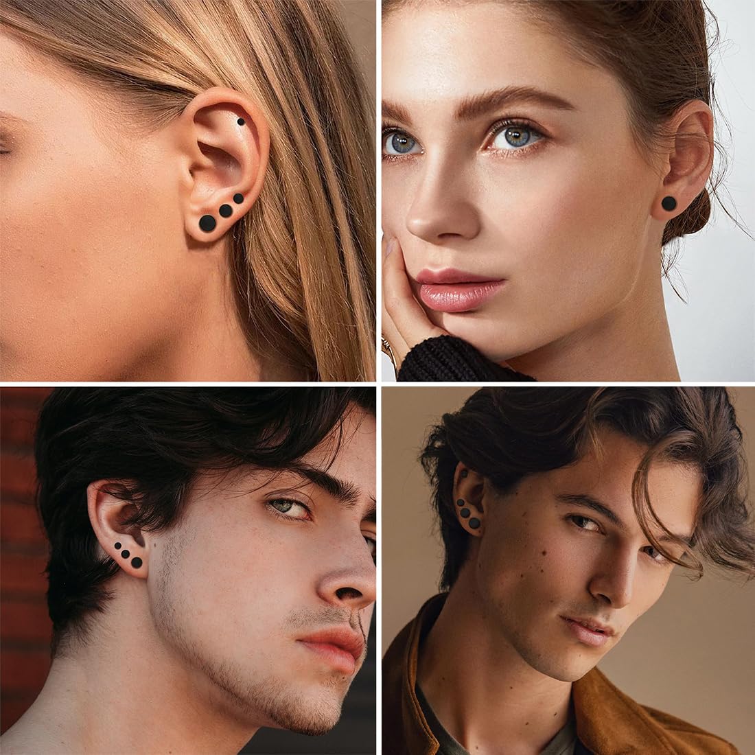 Jeyorzy Set di 10 paia di orecchini neri, acciaio inox, ipoallergenico, cerchio, finto plug tunnel, 3-12 mm