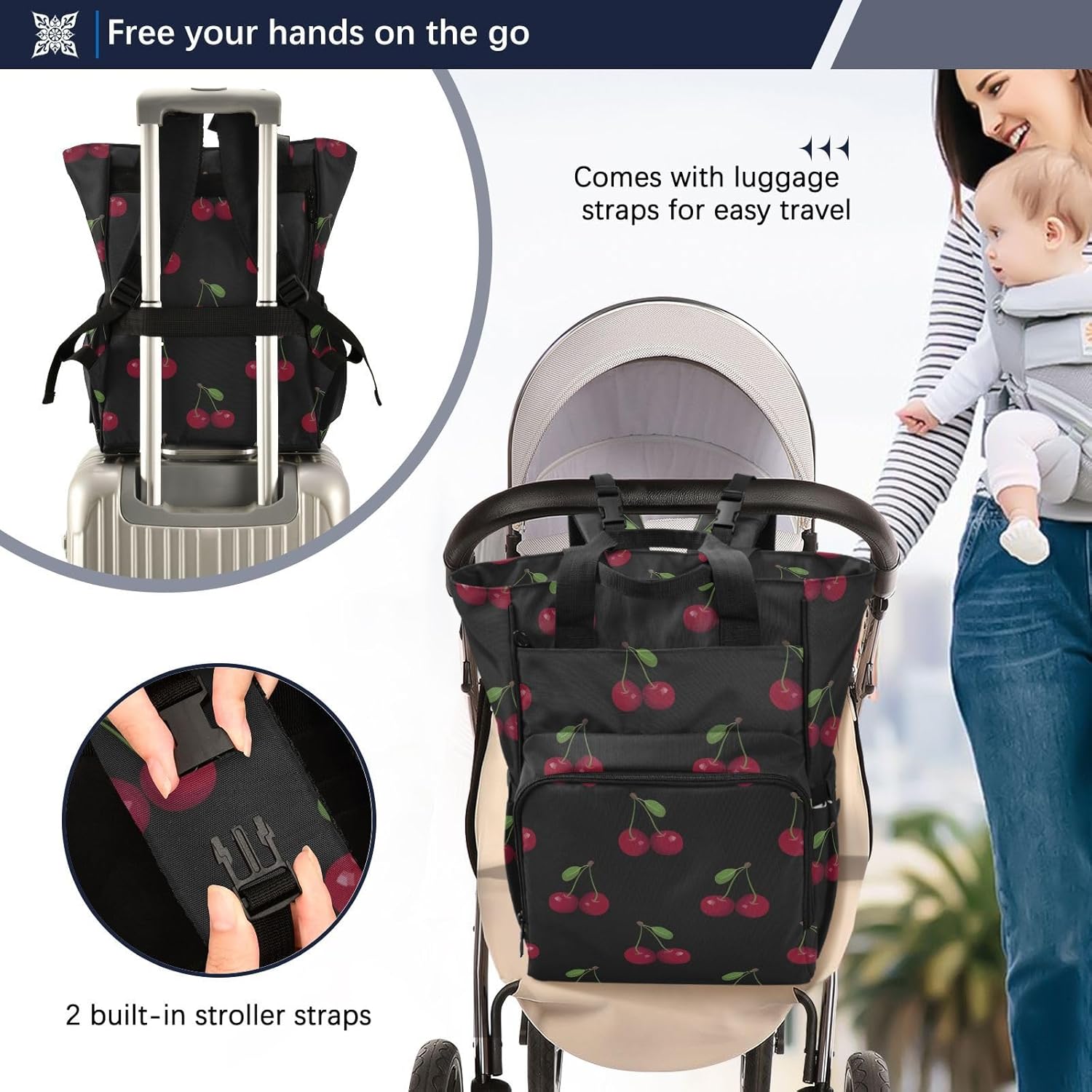 Bolaz Diaper Backpack for Moms,Multifunction Baby Nappy Changing Bags with Insulated Pockets，Cherry Print on Black