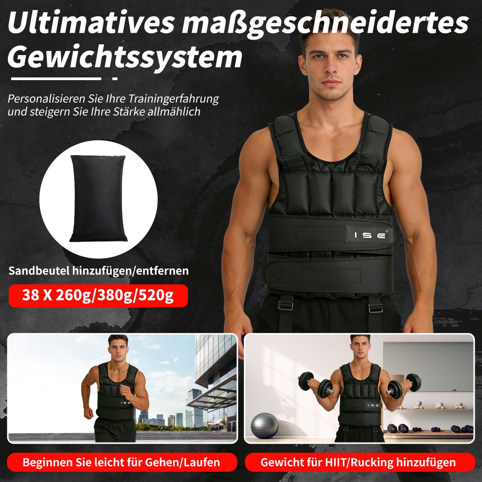 ISE Verstellbare Gewichtsweste 10/15/20KG zum Muskelaufbau u. Krafttraining | Weighted Vest | Laufweste Damen & Herren | Fitness Trainingsweste