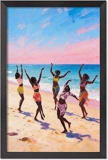 Oil Painting Black Women Beach Wall Art Tropical Sunset Dance Canvas Pri...