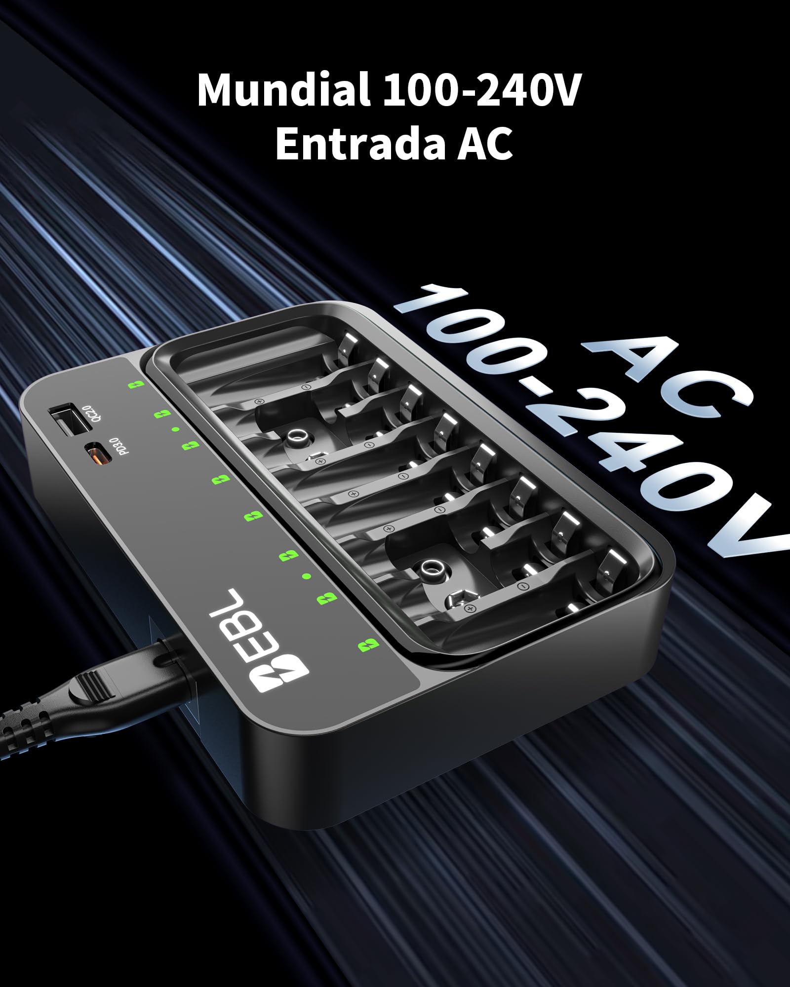 EBL Cargador de Pilas para AA AAA 9V, 8 Ranuras Independientes con Cargador de Batería USB-C PD3.0 & Entrada Micro USB, Cargador Rápido — view 5