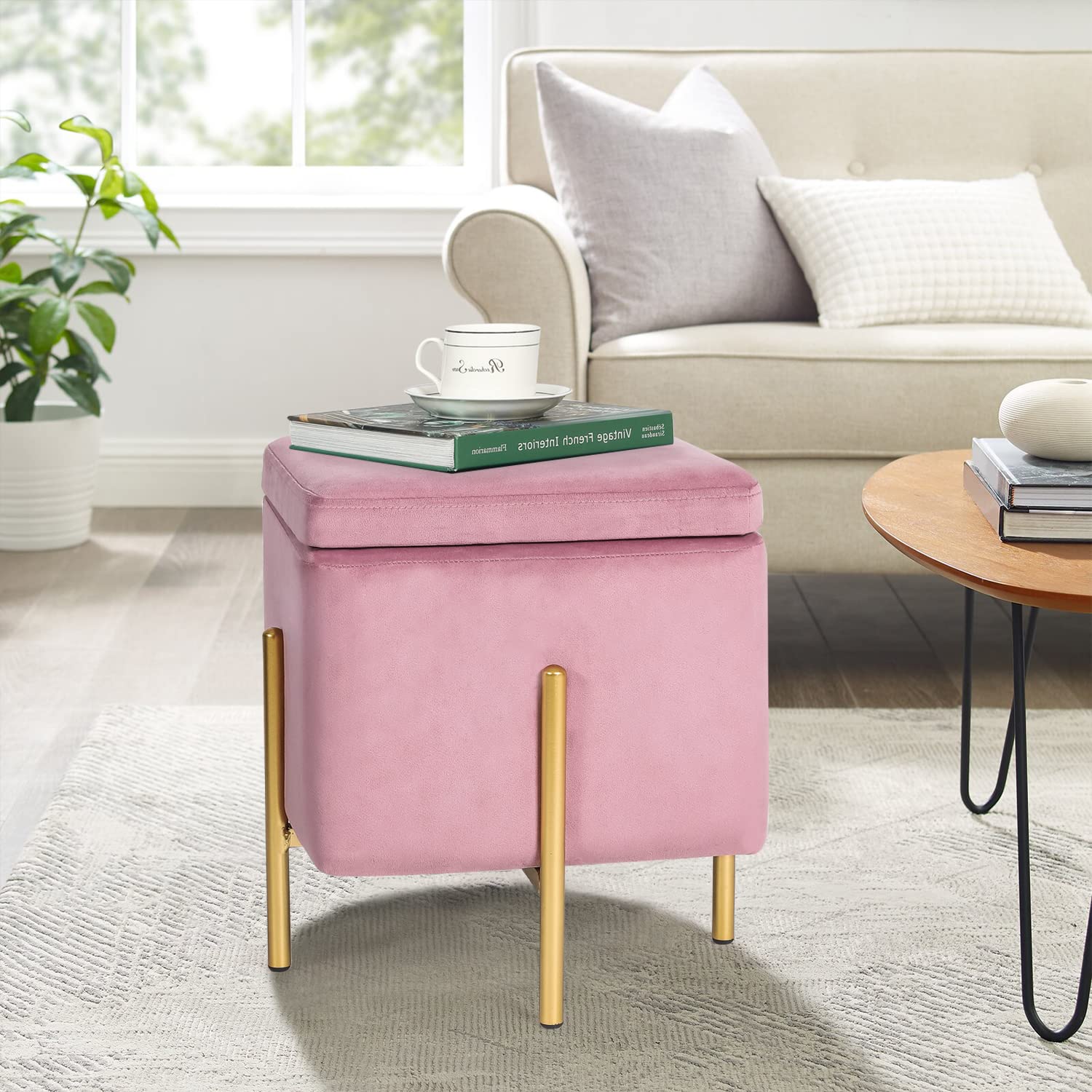 Adeco Upholstered Tufted Square Storage Ottomans, Pink Modern Velvet Footrest Ottomans with Storage for Couch Small