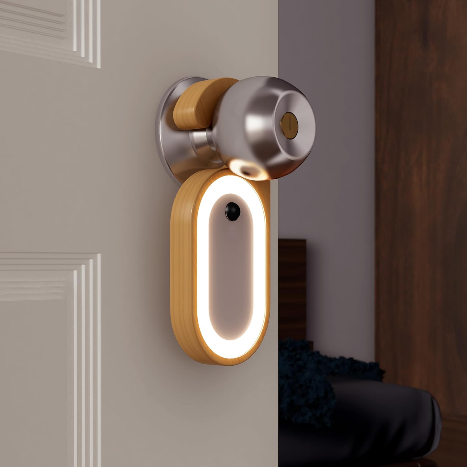Motion Sensor LED Night Light, Wooden Door Lock Light with Touch Switch, Battery Powered, White and Beech
