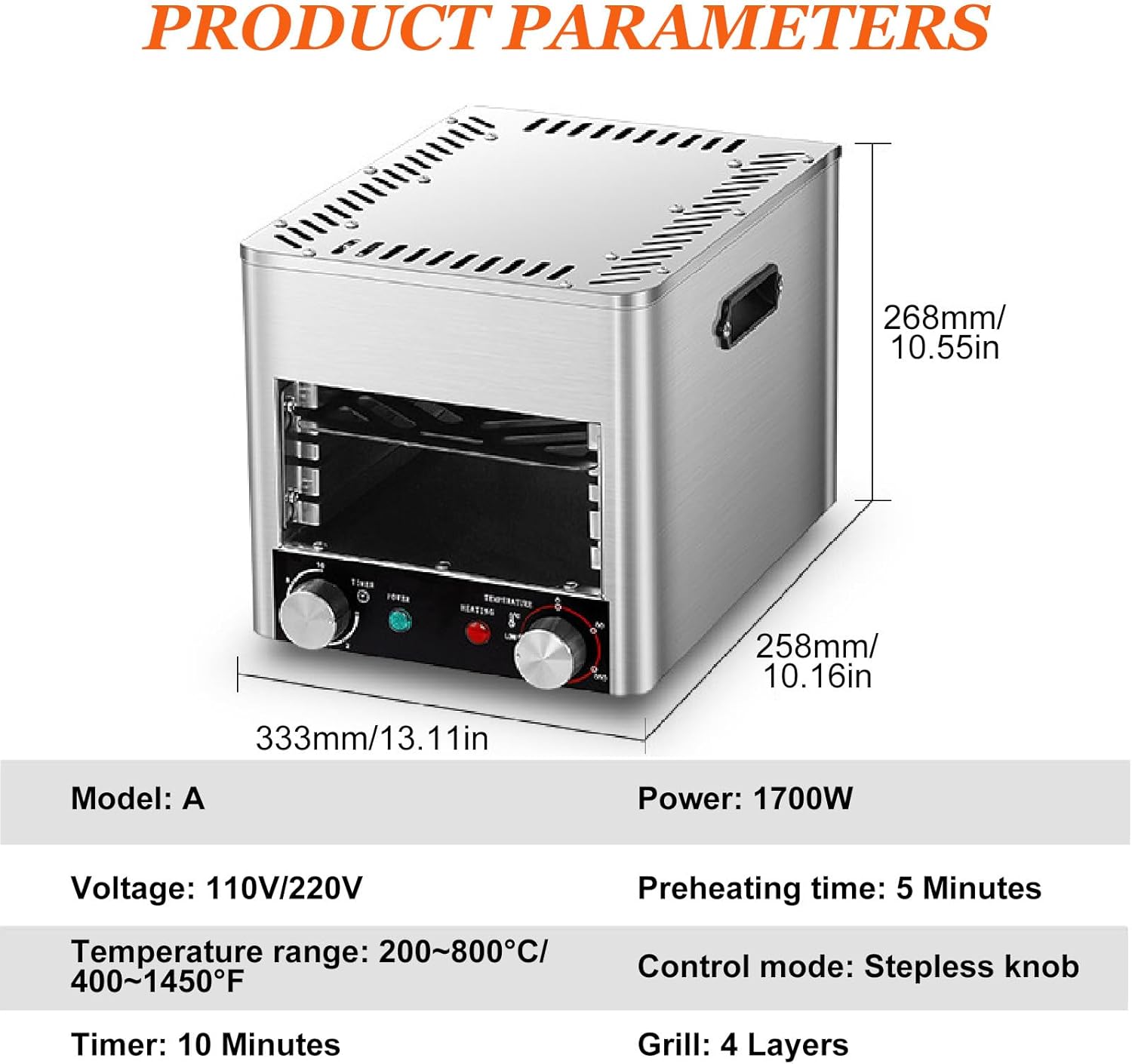 1700W/3400W Smokeless Ceramic PTC Heating Steak Broiler, 1450°F Stainless Steel Steak Cooker with 4-Tier Adjustable Rack (A 220V)