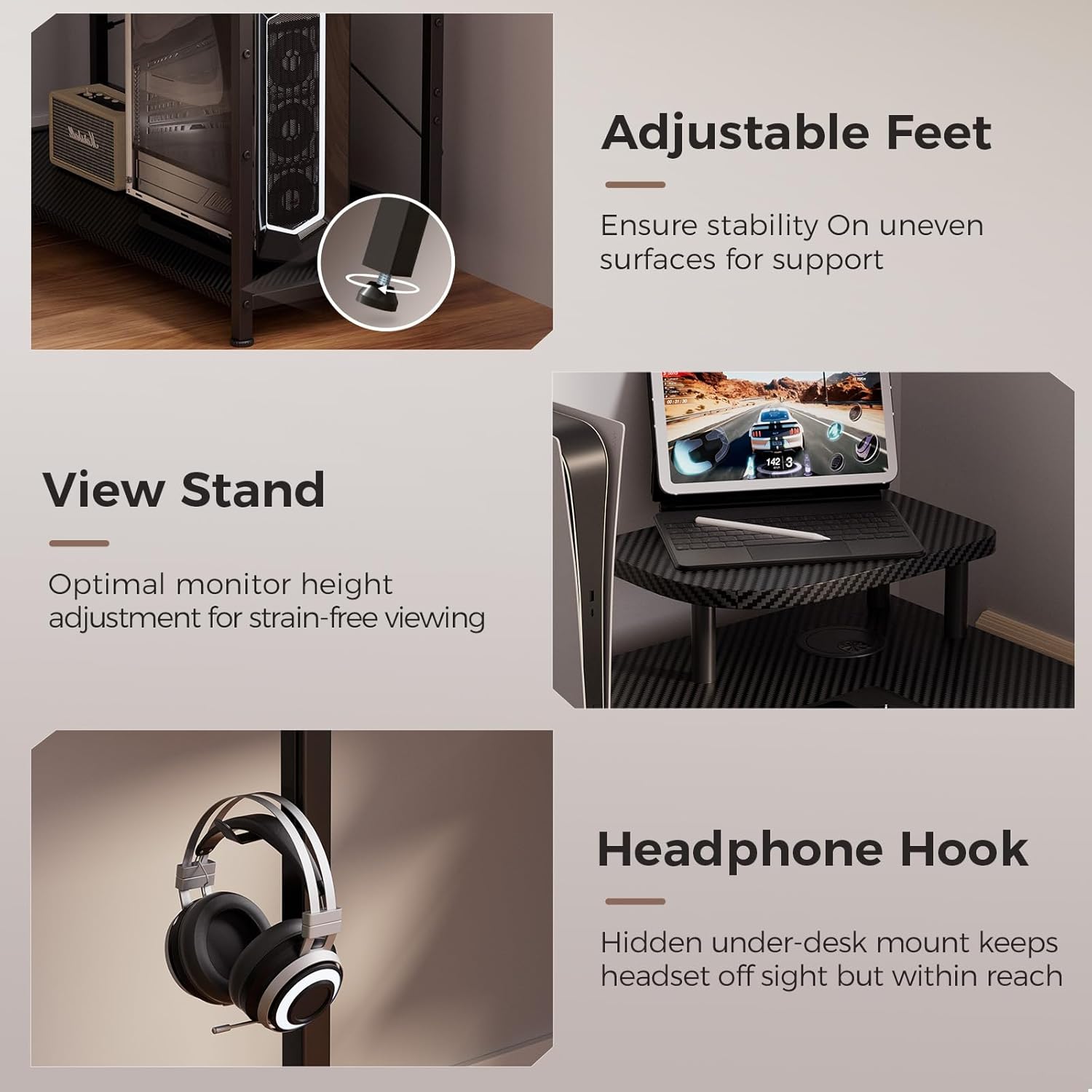 Close-up of adjustable feet, monitor stand, and headphone hook