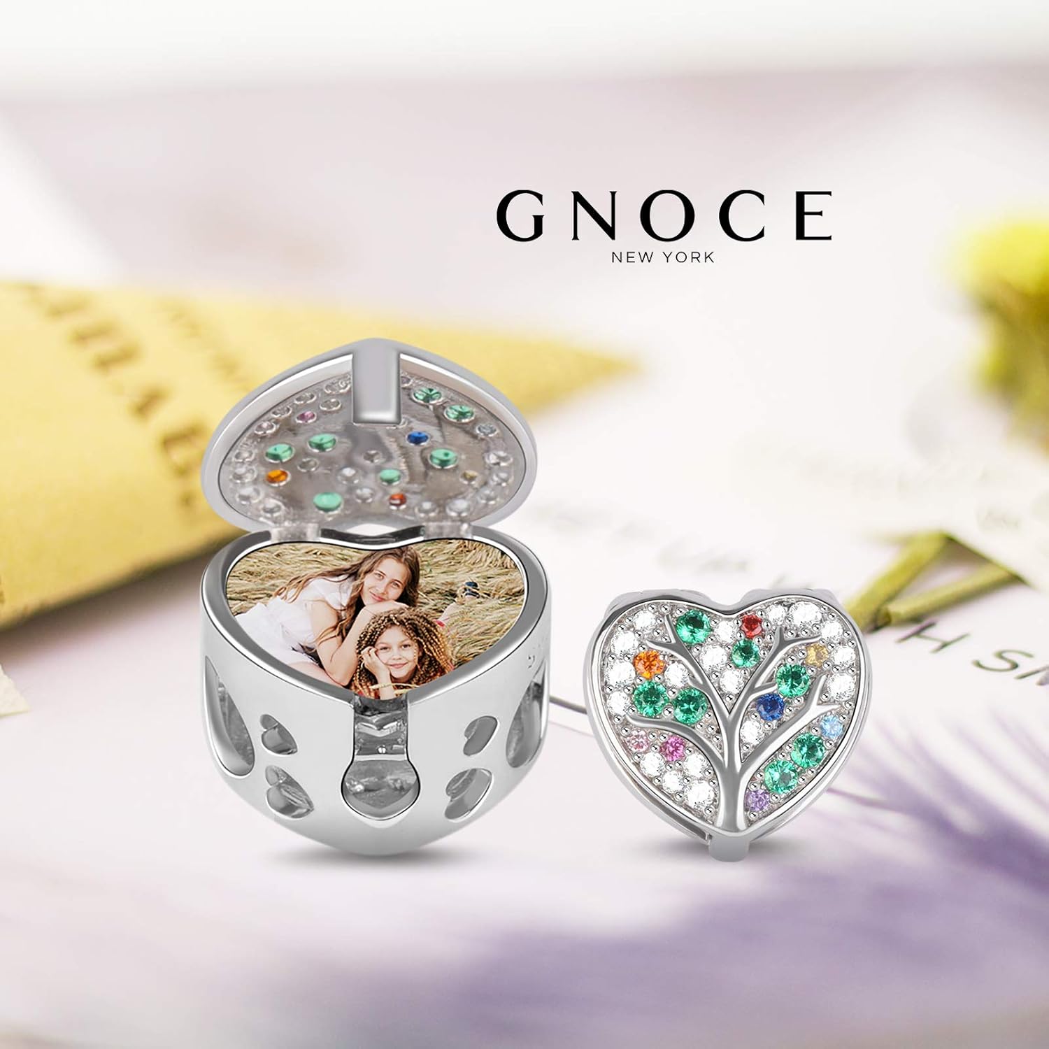 GNOCE Customised Photo Charm 925 Sterling Silver Family Tree Charms Beads Personalized Picture Charms Pendant for Bracelets Necklaces (Family Tree)