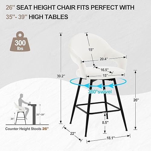 Miniatura 2 de Juego de 2 taburetes de bar giratorios de altura de mostrador con respaldo hueco, taburetes de cocina de 26 pulgadas de altura de mostrador con