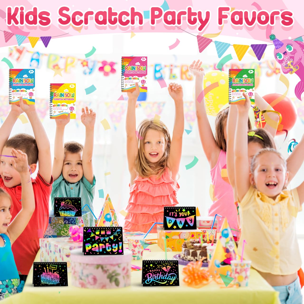 Scratch Art Bambini - Gadget Compleanno Bambini, 48 Set con Quaderno da Grattare, Stencil e Penne in Legno, Regalini Fine Festa Compleanno, Lavoretti Creativi per 3-12 Anni
