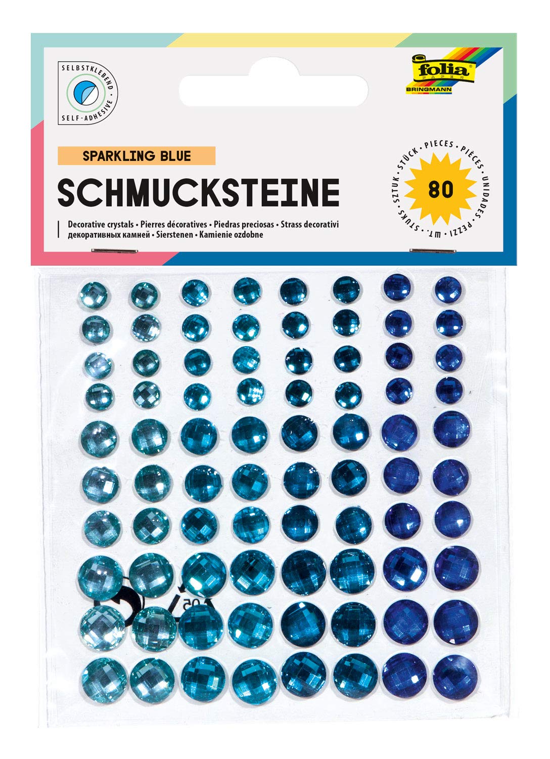 folia 12303 Decorative Gemstones Sparkling Blue Self-Adhesive Pack of 80 with Diamond Cut Ideal for Decorating and Decorating Your Crafts
