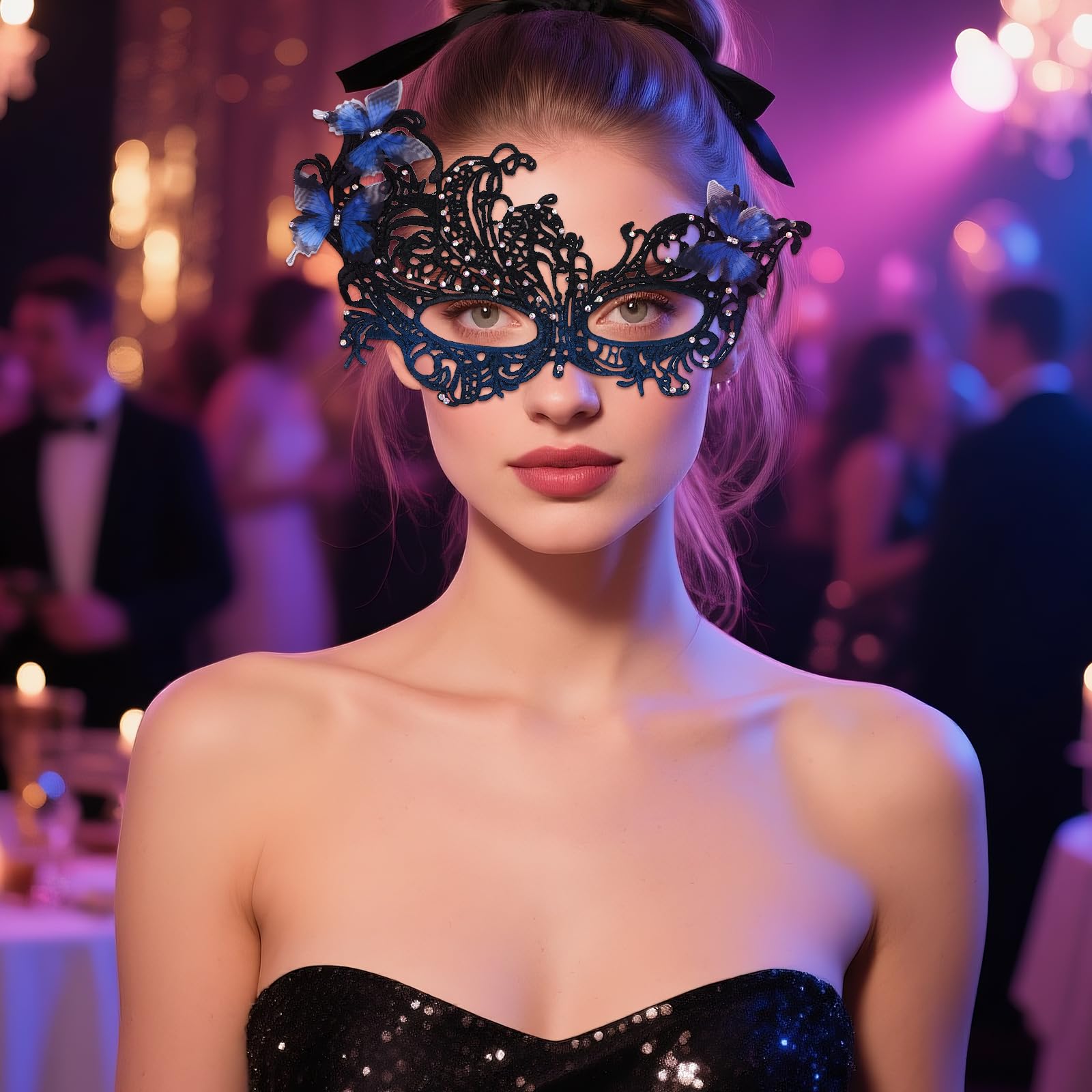 JewelryWe Women's Lace Masquerade Masks: Butterfly Mask with Rhinestone Adjustable Costume Accessories for Halloween Cosplay - Image 2