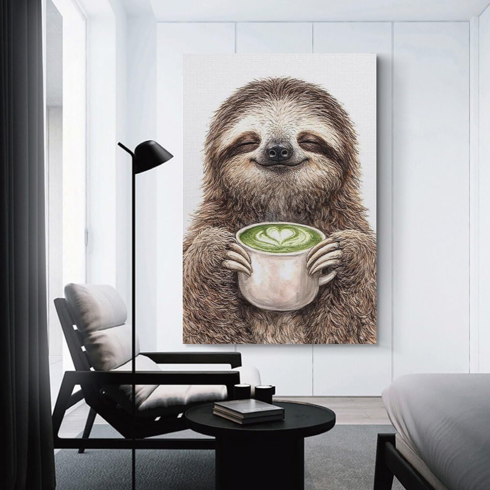 Junmoney Sloth Enjoying Matcha Latte Room Decor Wall Art, 24x36inch(60x90cm), for Home Office, Desk Area Or Studio, An Interior Accent for Desk Areas