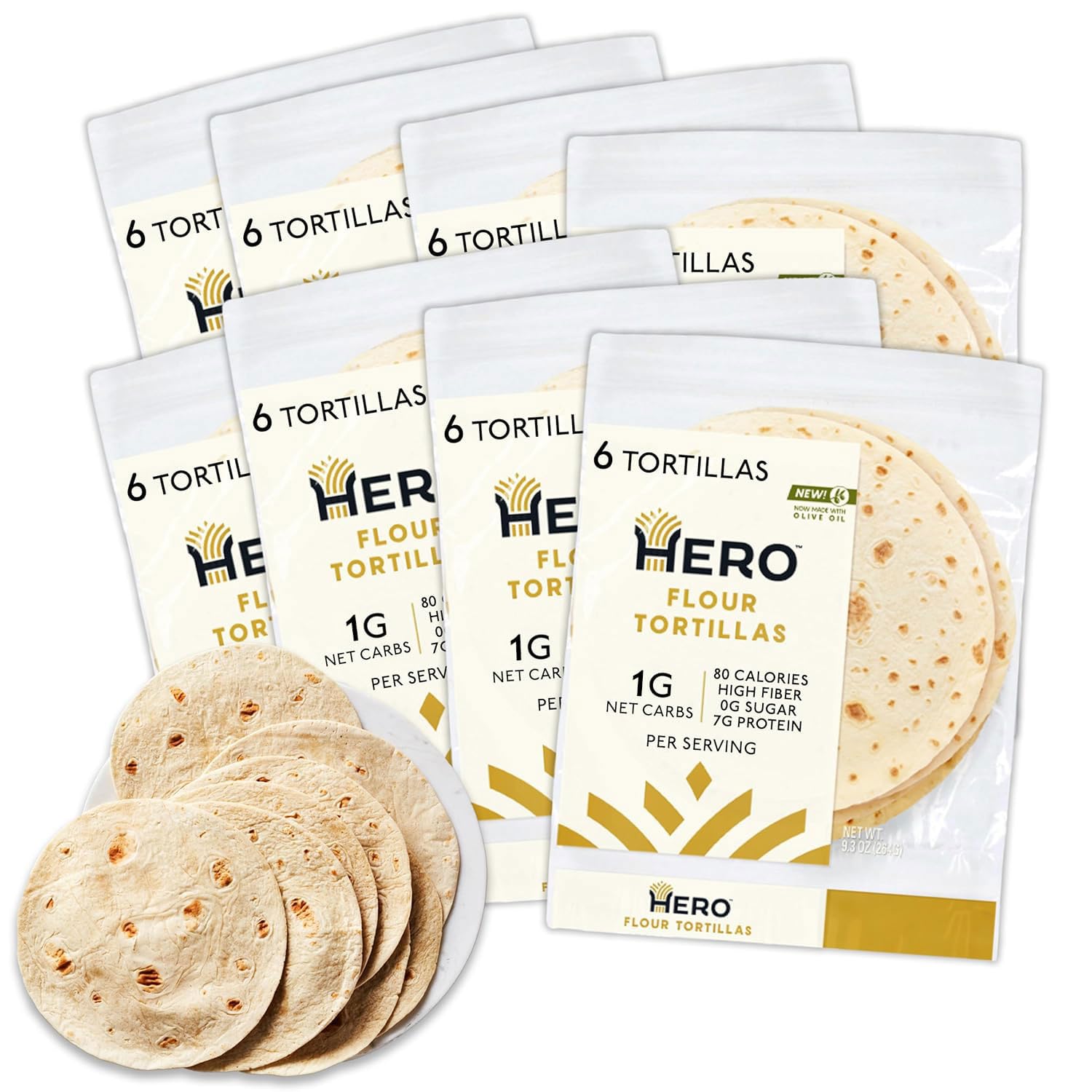Hero Flour Tortillas - Soft Low Carb Wraps | 1g Net Carbs, 7g Protein, 15g Fiber, 80 Calories (48 Count, 8 Packs)