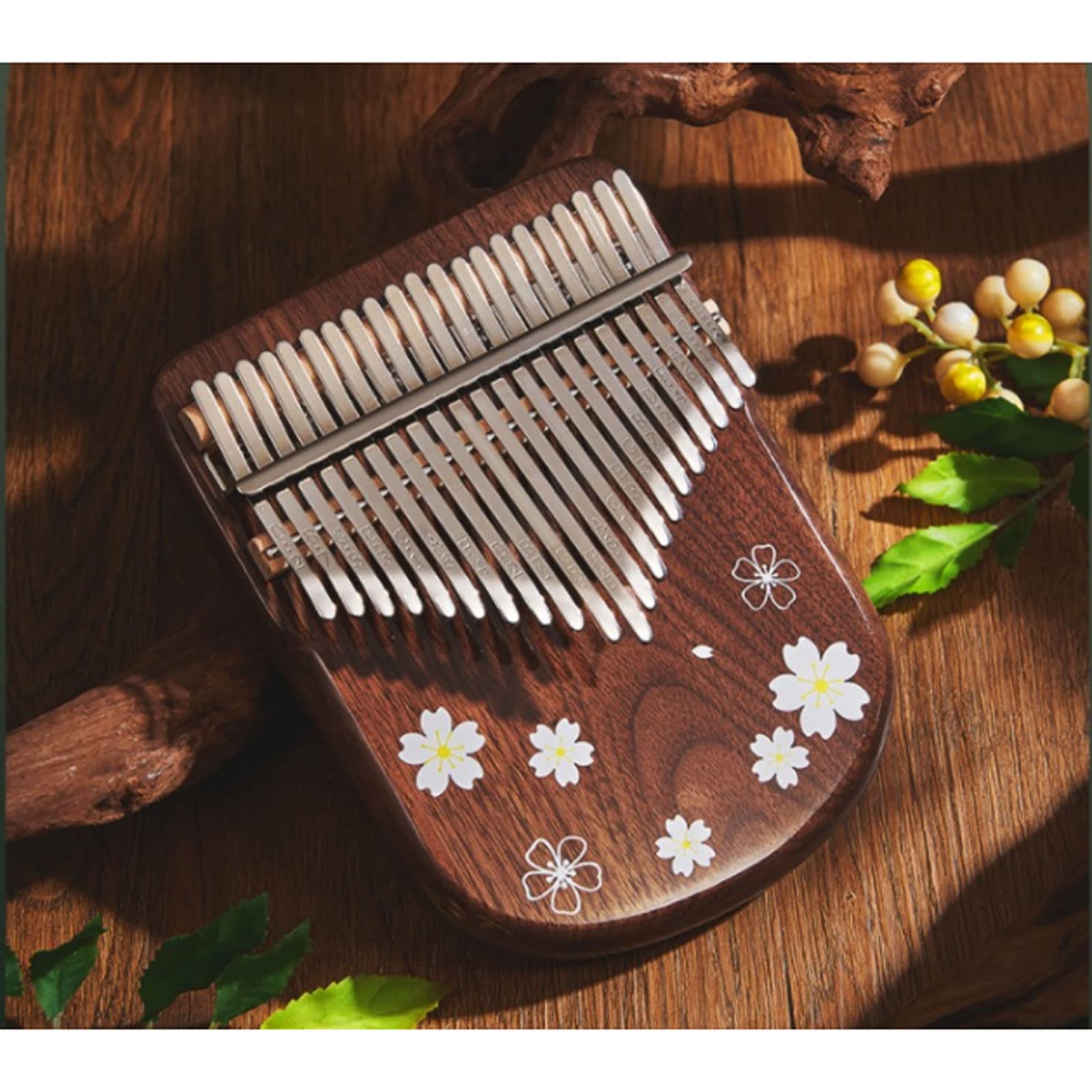 Exquisiter Klang Daumenklavier Mädchen und Jungen Fingerklavier Musikinstrument，21 Tasten，Bedruckt mit kleinen Blumenformen，Geschenk（Walnuss） Einfach zu Spielen