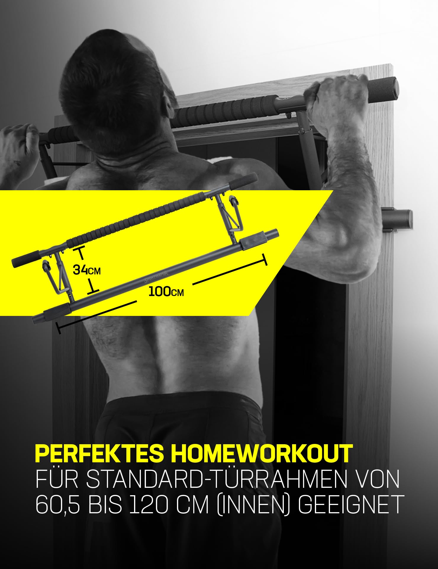 SPORTINATOR® Klimmzugstange für jeden Standard Türrahmen, Maße 100 x 27 x 34 cm, mit gepolsterten Griffen, faltbares Design, optimal für dein Home-Gym