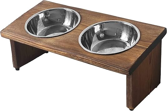 Elevated Cat Bowls, Wooden Raised Cat Bowl Stand with 2 Stainless Steel Bowls, 14.56 x 7 Inch Pet Feeding Station, Double Food and Water Bowls for Cats and Small Dogs