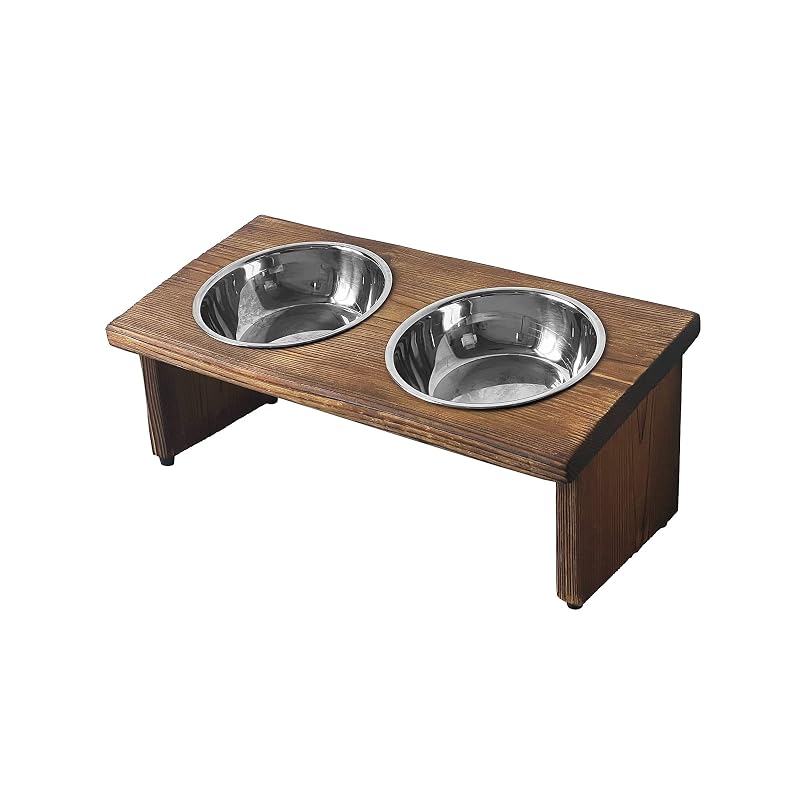 Pote elevado para gatos KOLYMAX com suporte de madeira e 2 tigelas de aço inoxidável, 2 x 300 mL, marrom