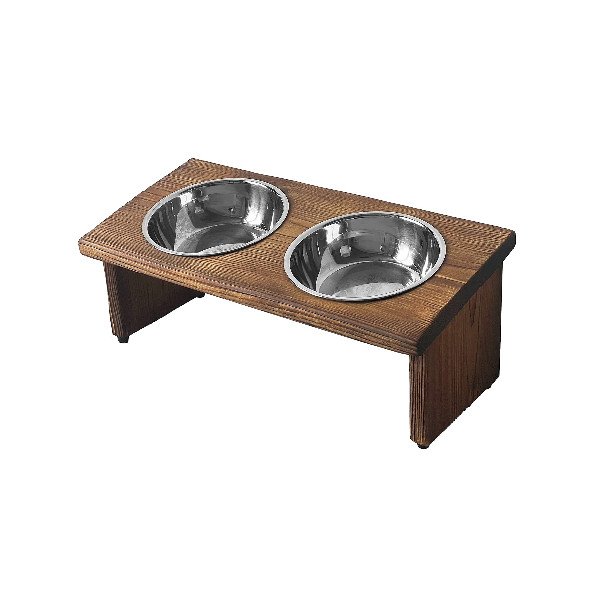 Raised Tilted Cat & Dog Bowl Set, Elevated Slanted Feeder with Adjustable Wooden Stand, Anti-Slip, 2 Stainless Steel Bowls (10oz Each), Brown, Stylish, Small Breeds