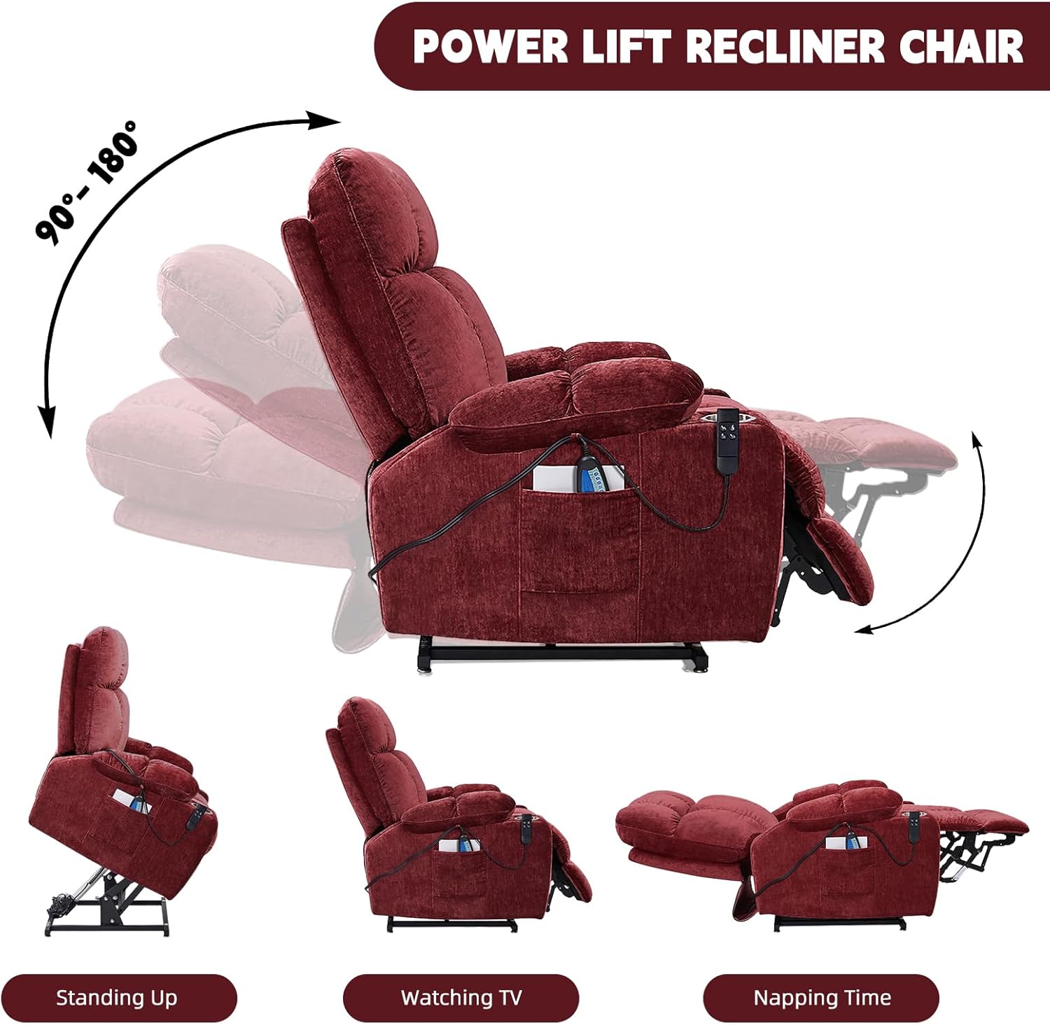 Dual OKIN Motor Power Lift Chairs Recliners with Heat and Massage for Elderly Recliner Chairs for Adults Infinite Position,Side Pocket,Cup Holders,Chenille Fabric (Blue)