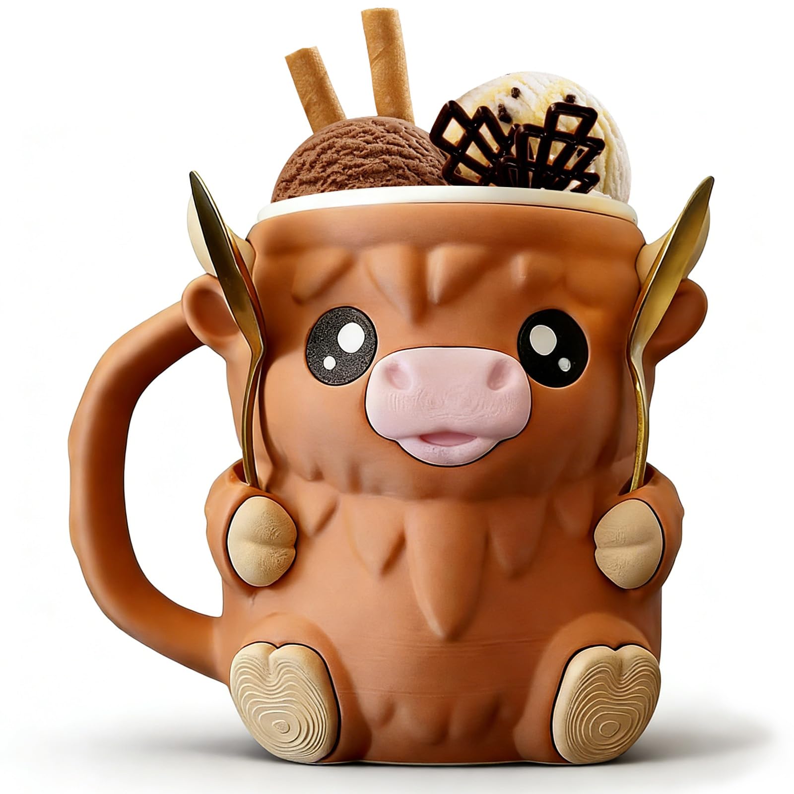 Highland Cow Ice Pint Holder, Cute Animal Ice Creams Cooler Container, Anti-Freeze Cup with Drawer and Spoons 3D Reusable ICES Cream Tub Pint Holder for ICES Cream Beer Can