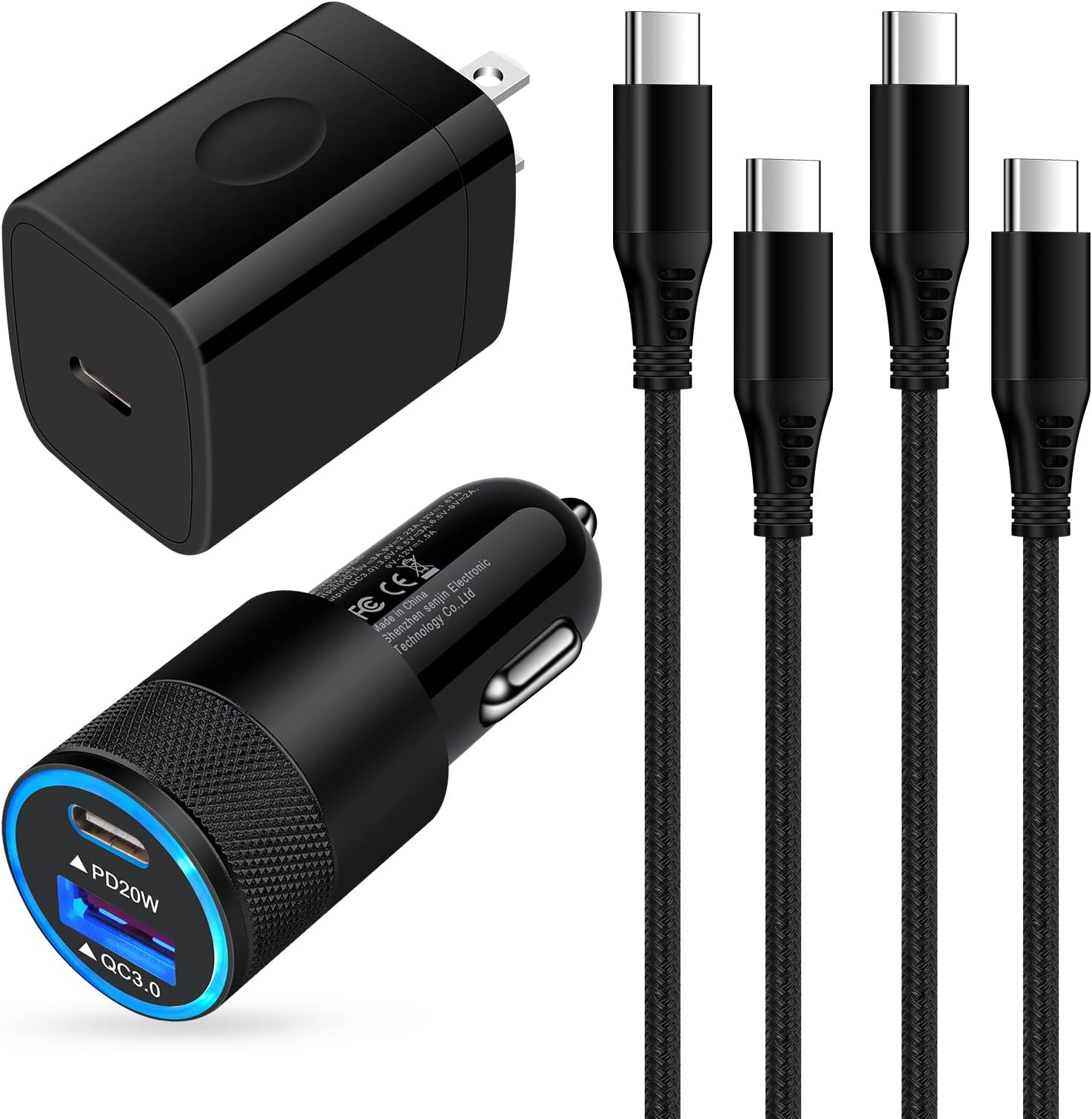 USB C Charger + Car Charger + Cable Set(Black)