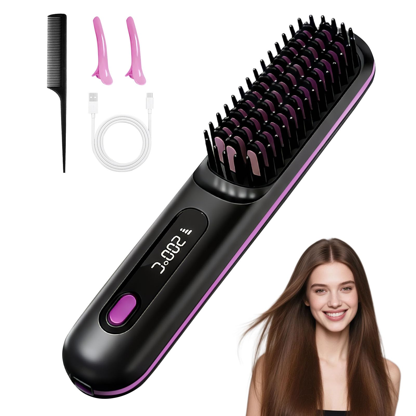 Brosse Chauffante Sans Fil Portable Mini Lisseur Cheveux Court Barbe | avec 3 Températures affichage LCD Peigne Lissant Céramique Anti-Brûlure pour Voyage Retouches Rapides Femme All Hair Type