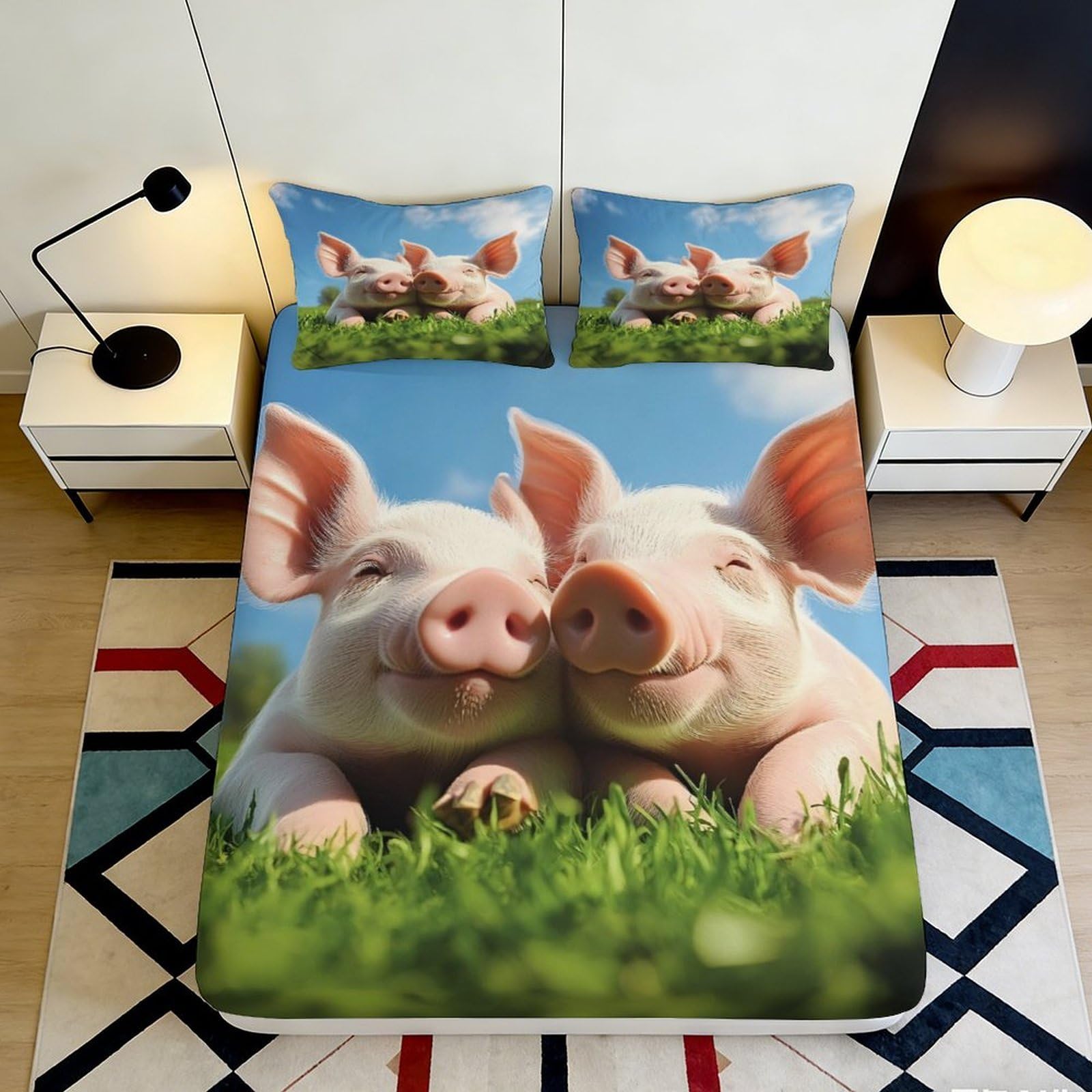 Jwndfkpvxzgl Style-2 3D Printed Cute Pig Fitted Sheet Microfiber Animal Cartoon Pasture Mattress Cover Anti-Slip Washable For Bedroom Dorm Home Decor 90X200x25cm