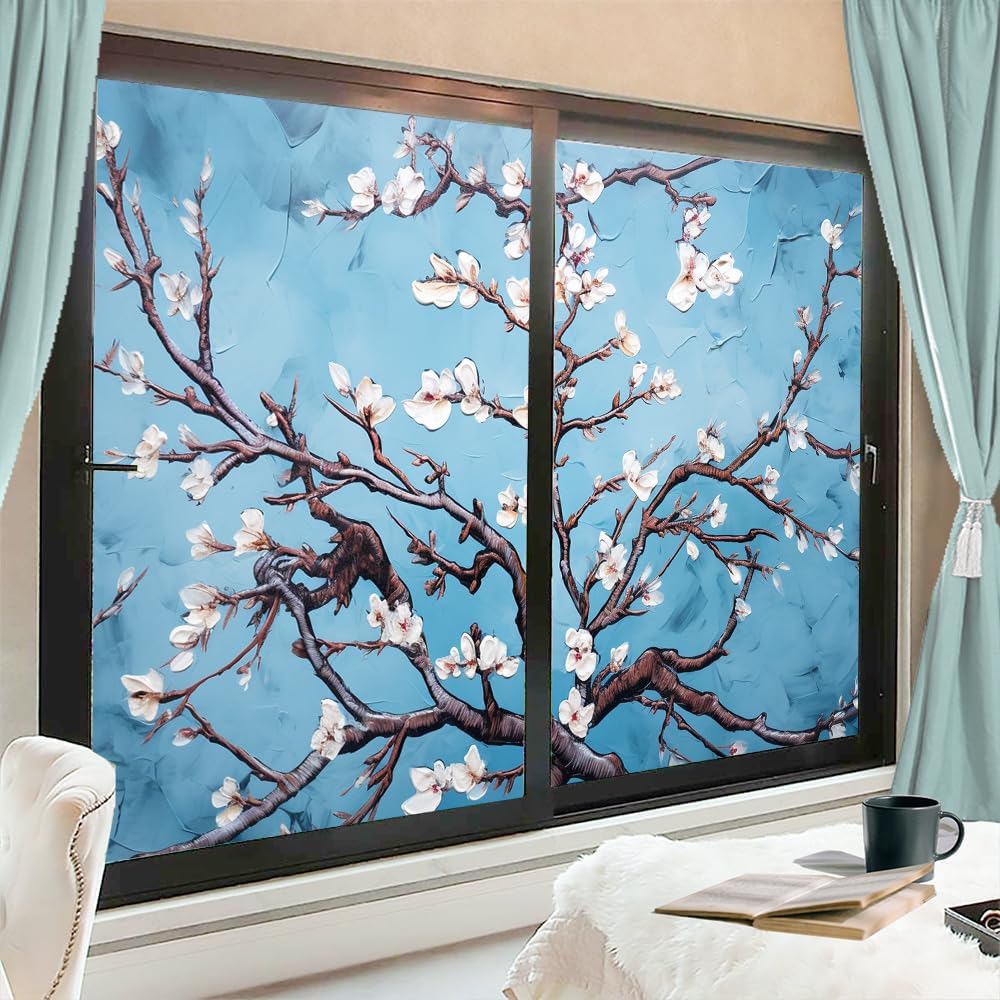 Watercolor Apricot Flower Window Film Coverings Rustic Flower Blue Background Modern Window Privacy Film Self-Adhesive Glass Film Decorative Sticker Frosted Film for Home 35.4Wx55.1L-inch x2 Pcs