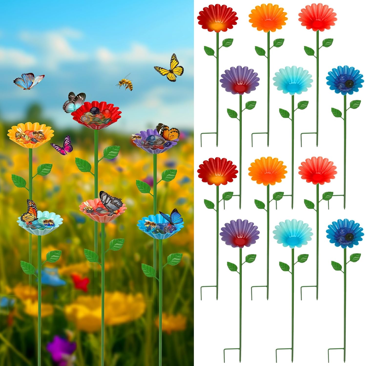12 Pack Bee Watering Station, Bee Feeder for Garden Metal Butterfly Water Feeder Colorful Flower Design Bath Bowl with Glass Beads for Pollinators Outdoor Garden Yard & Patio Decor