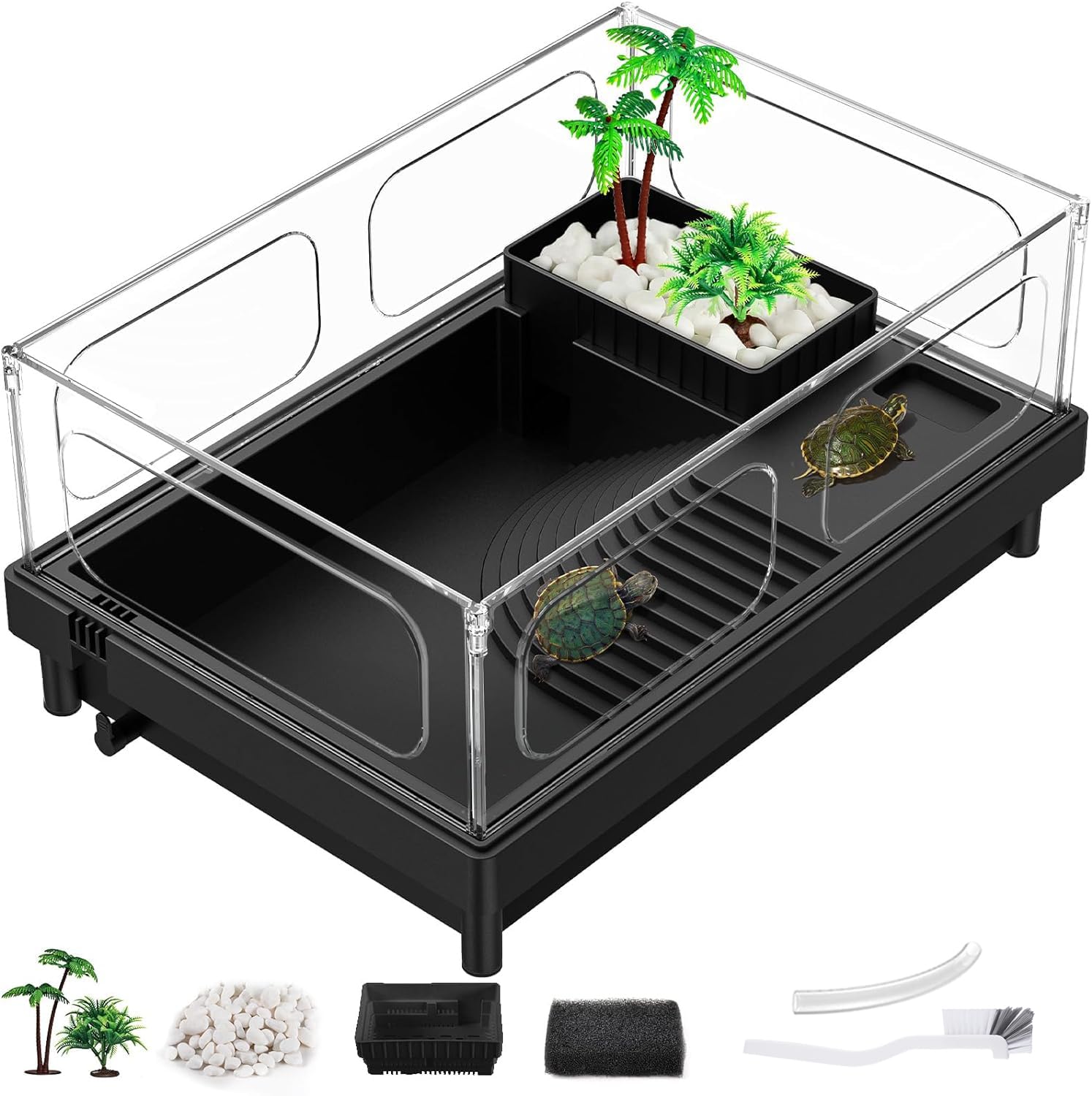 MoonOrange Tanque de tortuga pequeño, acuario, terrario acrílico con plataforma para tomar el sol, drenaje inferior, áreas multifunción para tortugas, cangrejos, cangrejos de río, reptiles (negro)