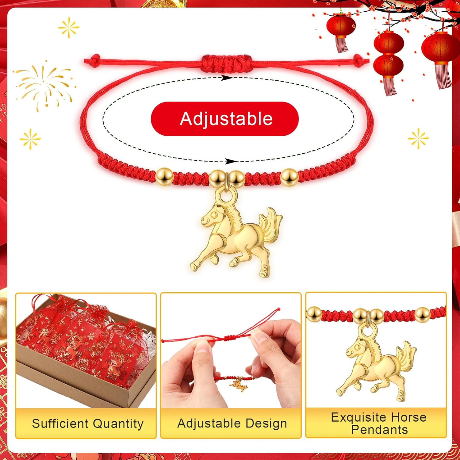 Cunno 12 Set 2026 Chinese New Year of The Horse Bracelet with Red Wish Cards and Organza Bags Adjustable Good Luck Chinese Zodiac Animal Red Braided Bracelets for Women Men New Year Gifts - Image 2