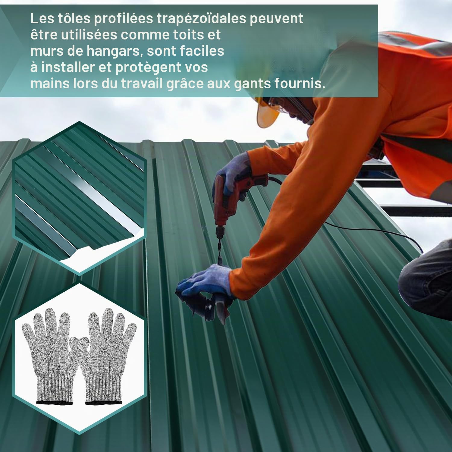 12x Tôles Trapézoïdales 129 x 46 cm - 7 m², Vert | Acier galvanisé, 0,25 mm Tôle ondulée pour toiture, Pour abri de jardin garage mur, Gants Anti-Coupures