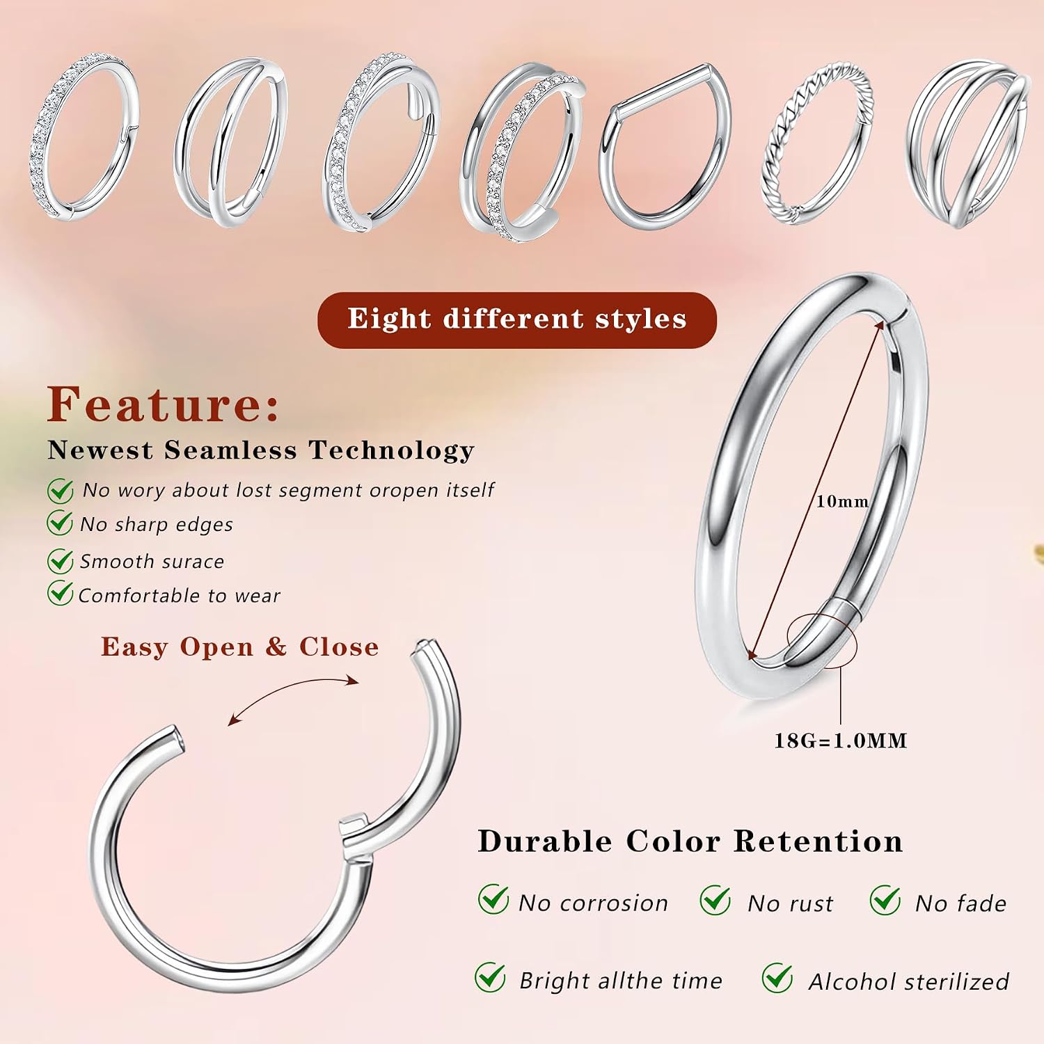 8 Pcs Nose Rings Hoops 316L Surgical Steel Septum Rings CZ Opal Twisted Clicker Nose Rings Hoop Helix Cartilage Daith Tragus Sleeper Earrings Body Piercing for Women Men Silver Gold Hinged Segment Septum jewelry 8mm/10mm