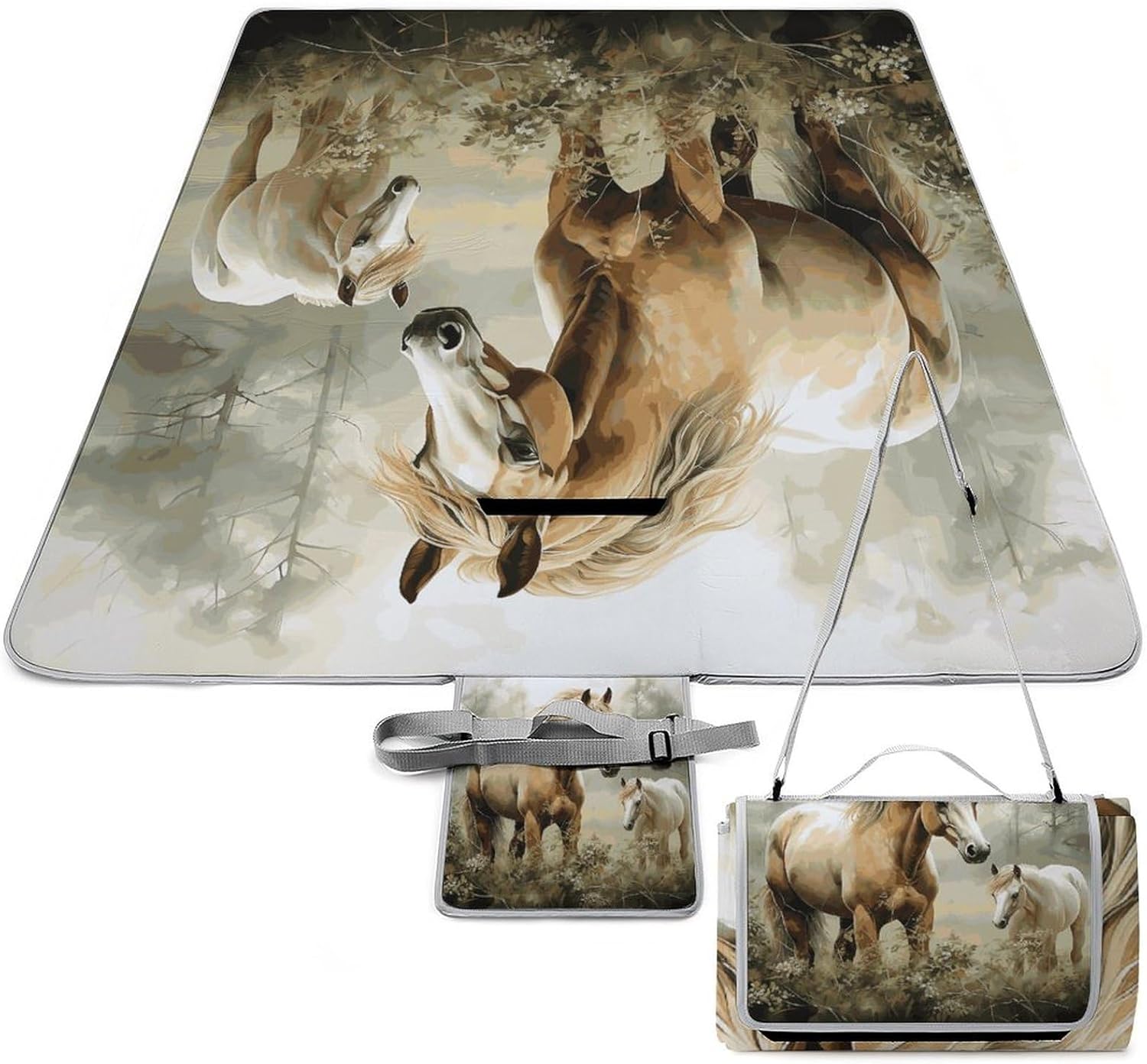 Animals Embroidery Paintings Horses Waterproof Picnic Blanket 58.3''x58.3'',Portable and Foldable Picnic Mat with Handle,Outdoor Blankets for Lawn Park Beach Travel