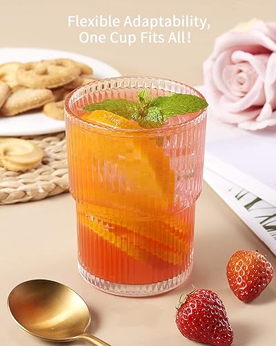 Miniatura 6 de BJMEDYM Vasos rasgados de 15 onzas para café helado, juego de 6 vasos de vidrio acanalados, vasos de agua vintage, vasos de agua, cristalería