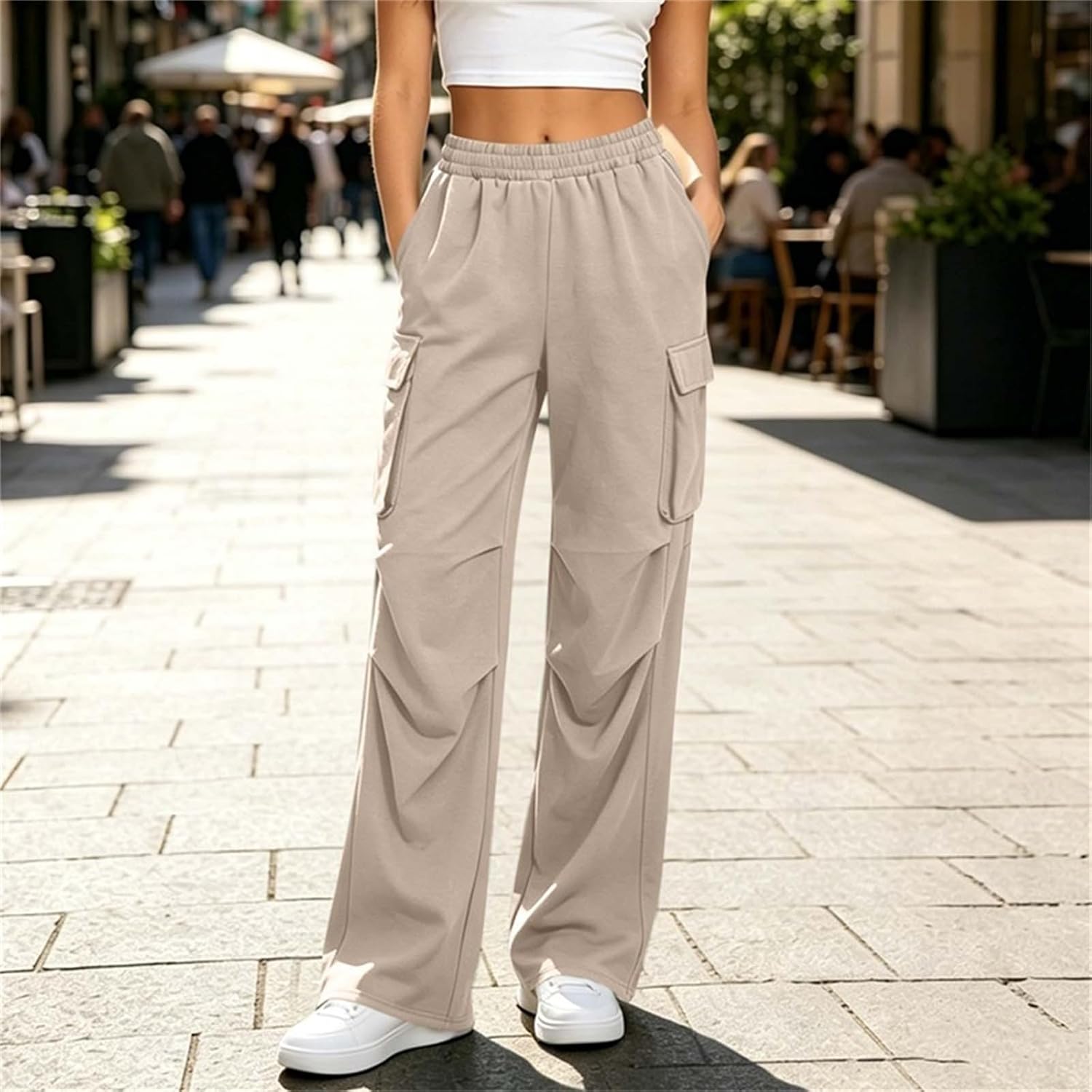 Women's Wide Leg Cargo Sweatpants Elastic Waist Casual
