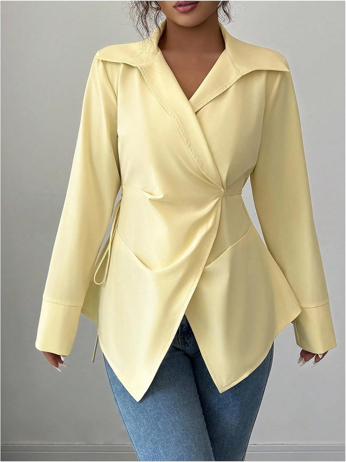 GORGLITTER Women's Wrap Formal Blouses Dressy Long Sleeve Collared Work Shirts Business Casual Outfits Yellow Medium - Image 4