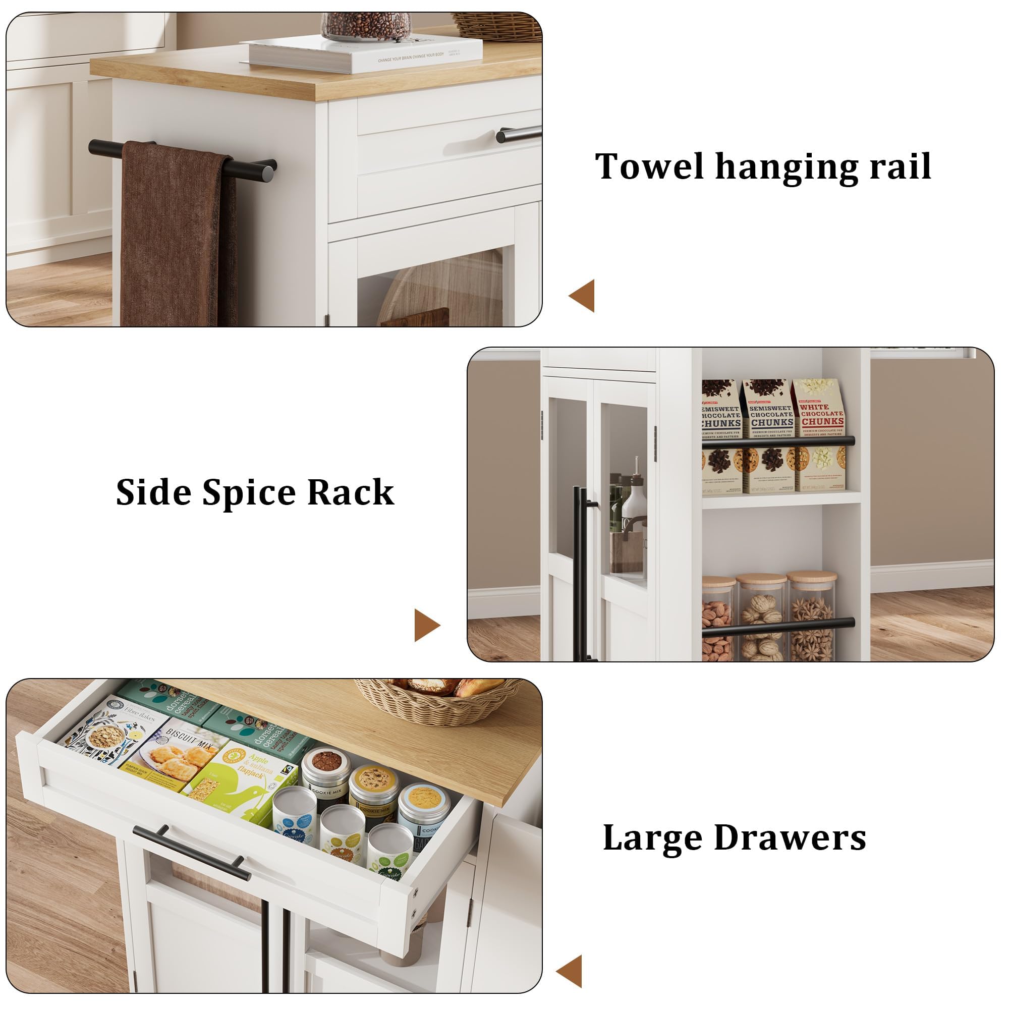 Garvee Kücheninsel mit Rollen, Küchenwagen & Servierwagen mit Glastüren, Schublade, Gewürzregal für Küche, Esszimmer & Flur, Weiß, 74 x 38 x 78,5 cm