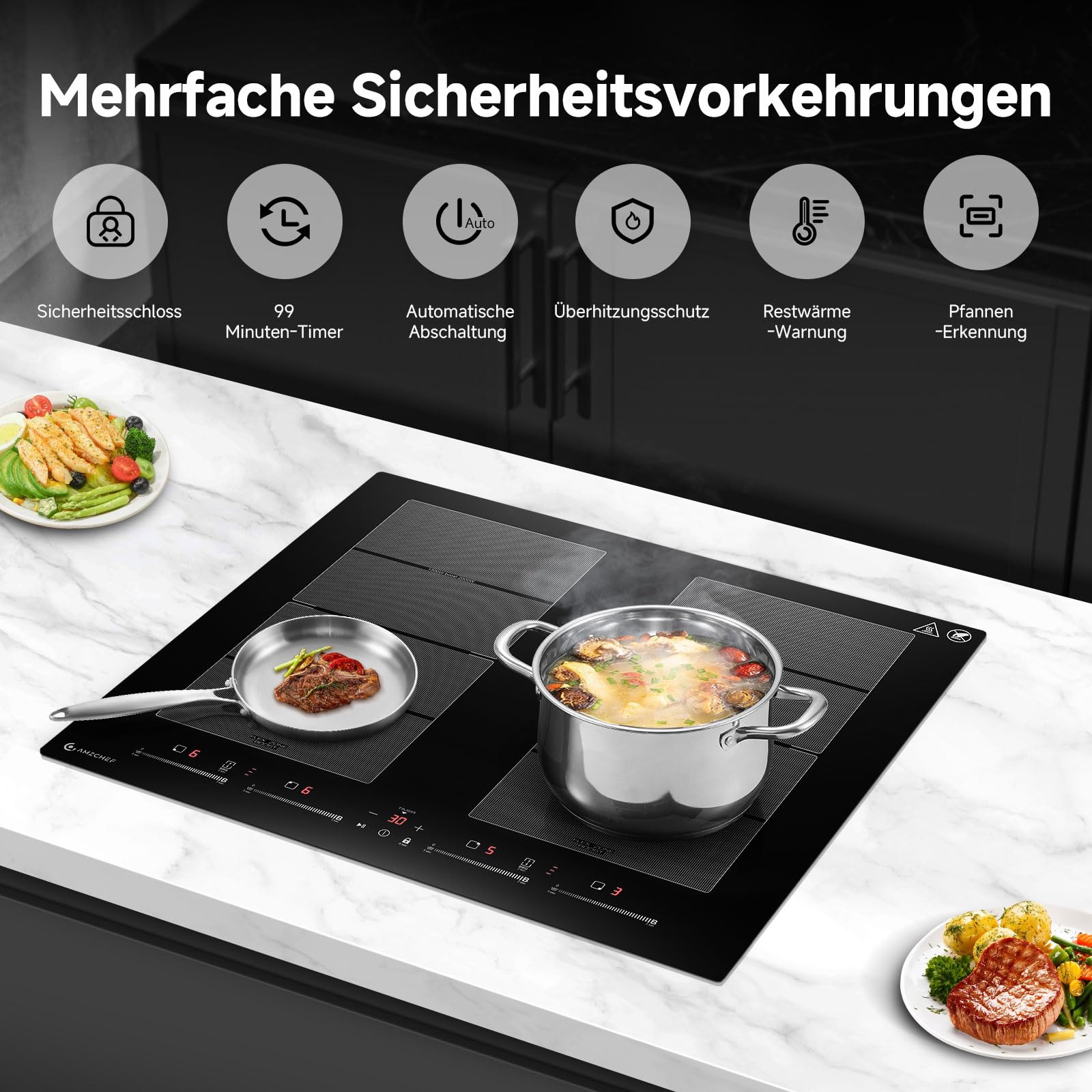 AMZCHEF Induktionskochfeld 60cm 4 Zonen 2 Flexzonen 7400W 9 Leistungsstufen Booster