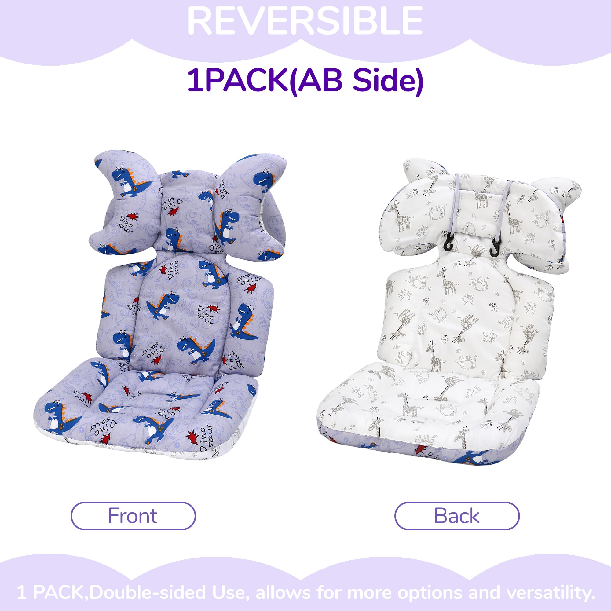 Baby Pushchair Seat Liners,1 Pack Removable Stroller Cushion Seat Liner,Universal 100% Cotton Pram Insert Pad,Pushchair Seat Covers Thick for Pram Buggy Baby Carriage,Toddler Infant(Dinosaur+Giraffe) - Image 2