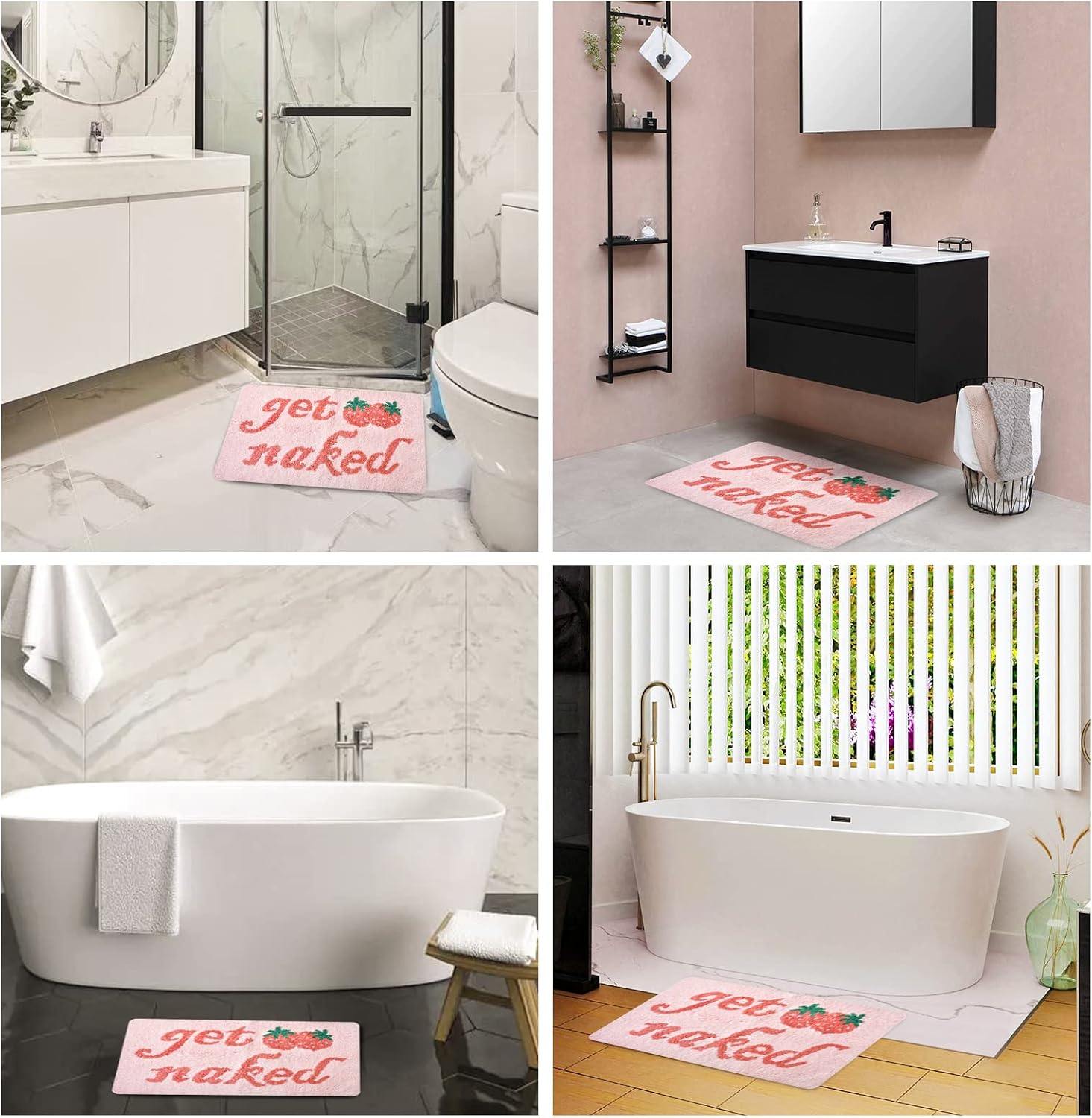 Get Naked Bath Mat, Soft Thick Microfiber, Funny Cute Bathroom Decor Strawberry Rugs, 20”x32” Light Pink Bathroom Mats, Water Absorbent Non Slip Mat for Tub and Shower