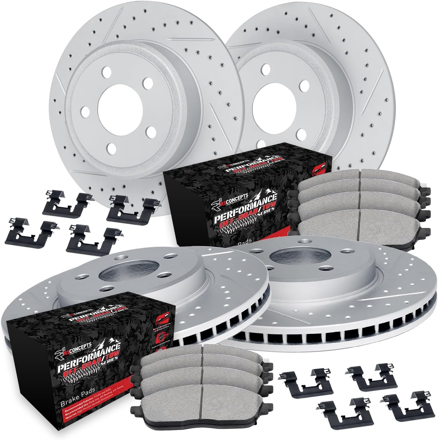 R1 Concepts Front and Rear Brake Kit For 2011-2020 Dodge Durango, 2011-2022 Jeep Grand Cherokee| Drilled Slotted Brake Rotors| Off-Road/Tow Brake Pads and Rotors Kit| Hardware included